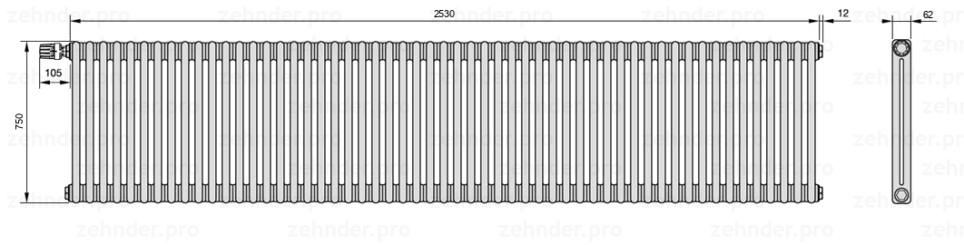 Схема (чертеж) Радиатор Zehnder Charleston 2075/55 №V011 Белый глянцевый RAL 9016